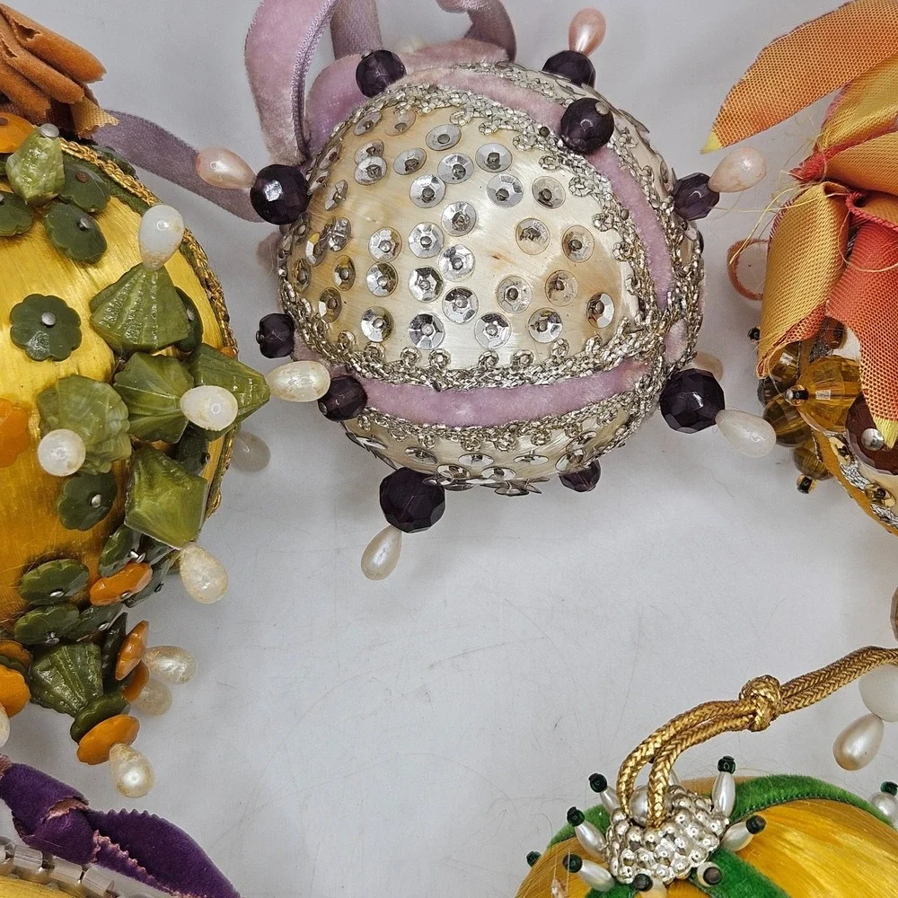 Vintage Handmade Satin Beaded Christmas Ornaments Lot of 5 Sequin Pearl Bead